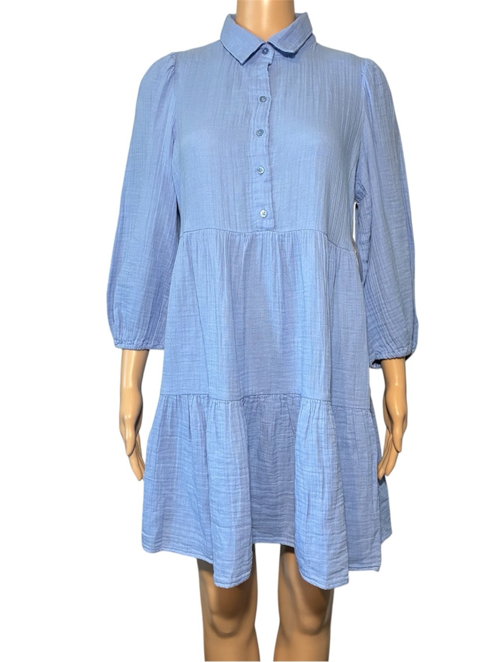 a.n.a. Women's Dress Size PM Light Blue Fit & Flare 1/2 Button Closure Pullover